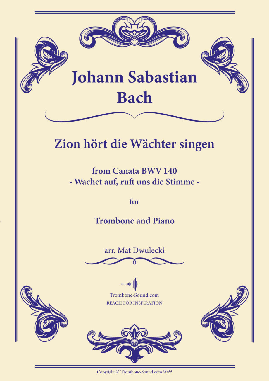 Cover image of Bach's Wachet auf, ruft uns die Stimme BWV 140 sheet music for trombone and piano, featuring an inspiring design.