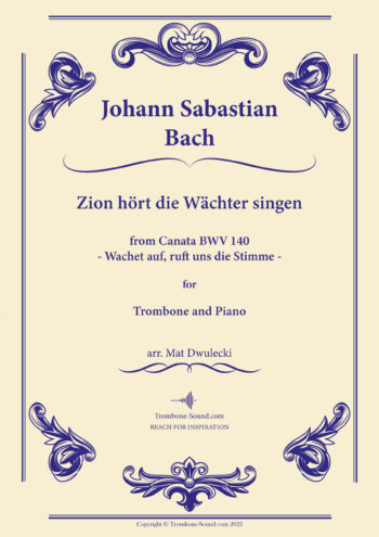 Cover image of Bach's Wachet auf, ruft uns die Stimme BWV 140 sheet music for trombone and piano, featuring an inspiring design.