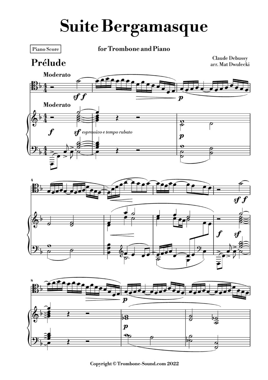 First page of the Prelude of the piano part for Debussy's Suite Bergamasque, showing the initial musical notation.