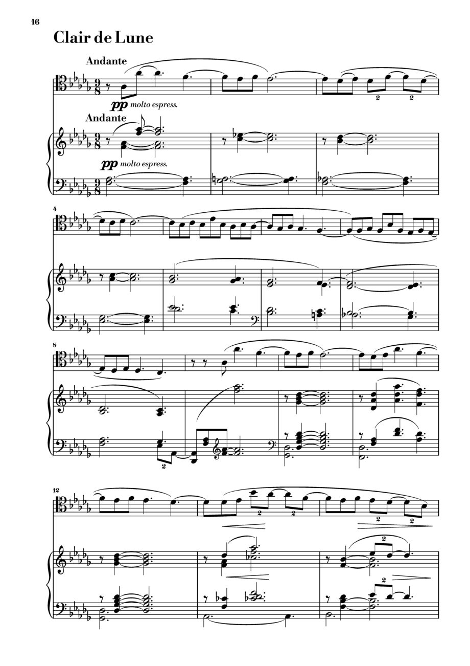 First page of the Claire de Lune of the piano part for Debussy's Suite Bergamasque, showing the initial musical notation.