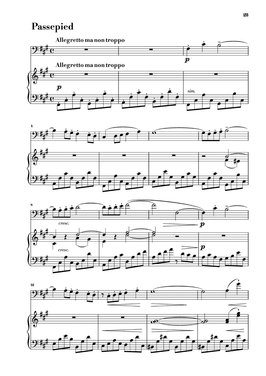 First page of the Passapied of the piano part for Debussy's Suite Bergamasque, showing the initial musical notation.