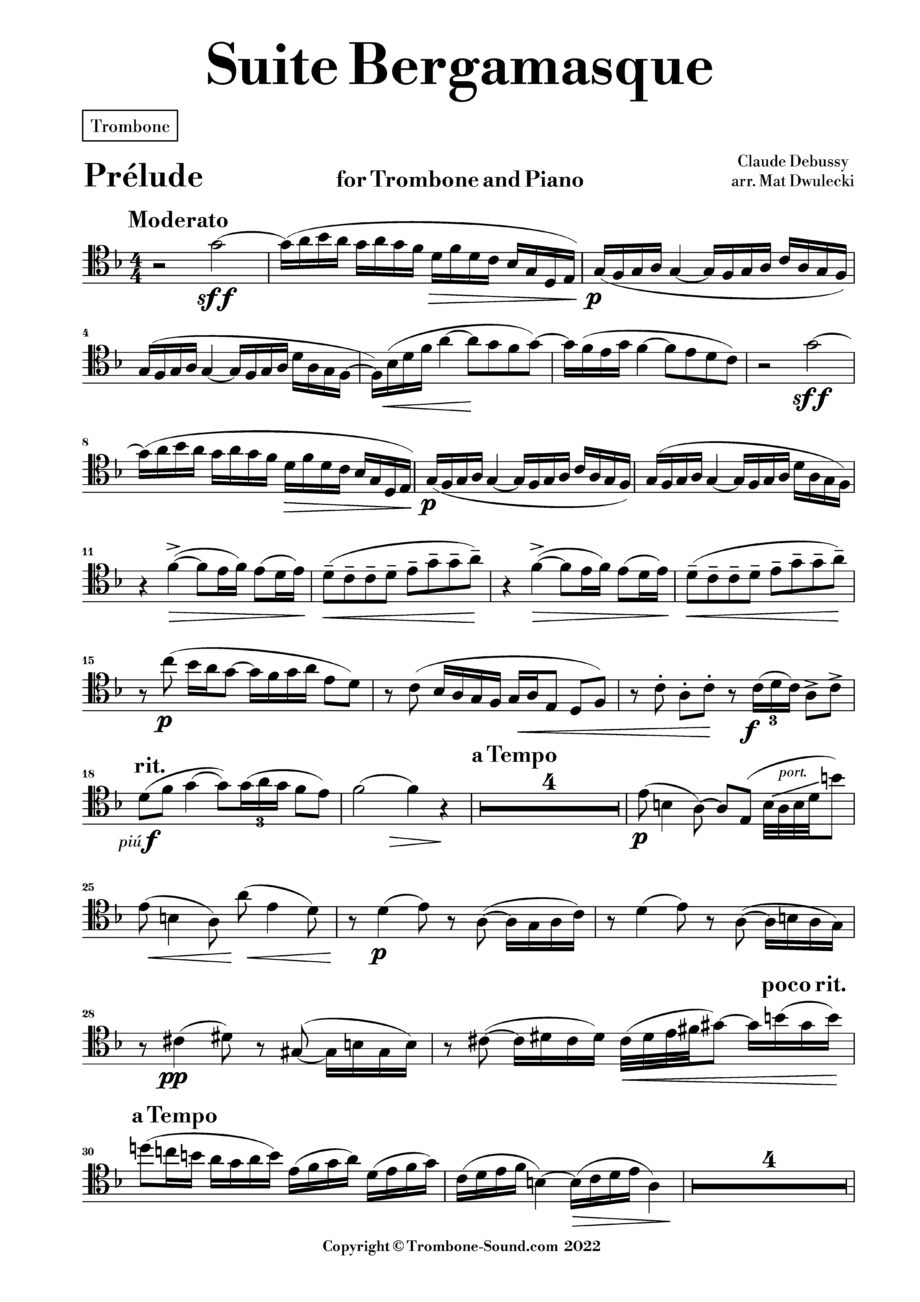 First page of the trombone part for Debussy's Suite Bergamasque, showing the initial musical notation.