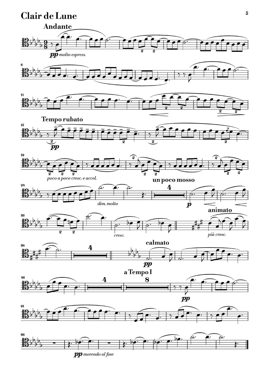 Third page of the trombone part for Debussy's Suite Bergamasque, showing the initial musical notation.