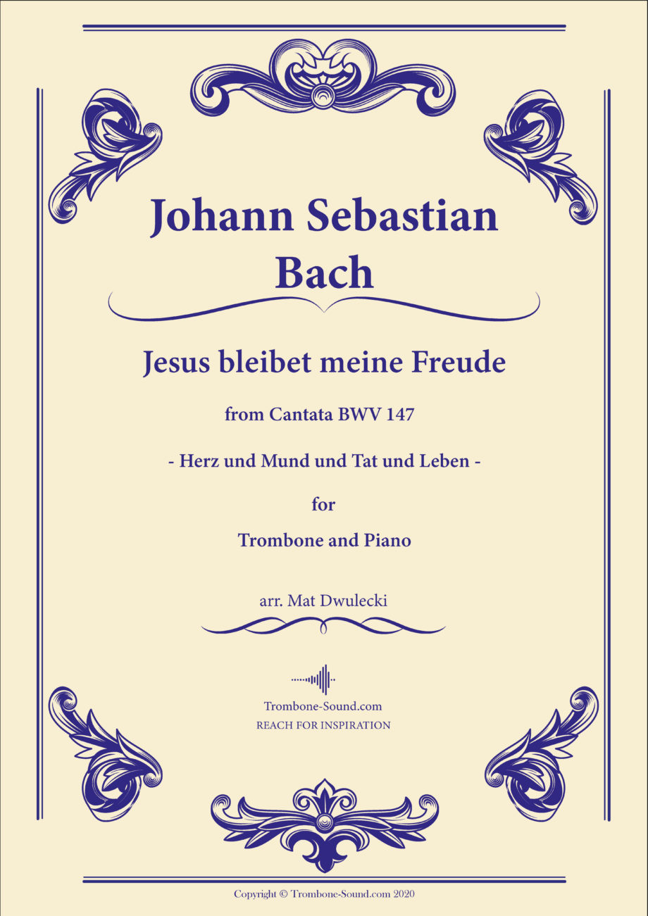 Cover image of Bach's Jesus bleibet meine Freude BWV 147 sheet music for trombone and piano, featuring an elegant design.