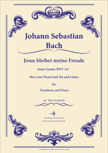 Cover image of Bach's Jesus bleibet meine Freude BWV 147 sheet music for trombone and piano, featuring an elegant design.