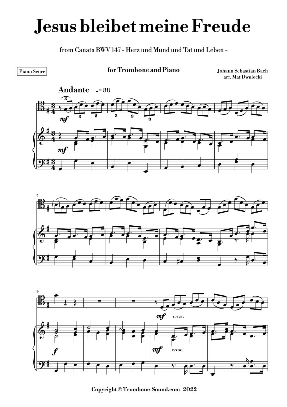 First page of the piano part for Bach's Jesus bleibet meine Freude BWV 147, arranged for trombone and piano, showing the initial musical notation.