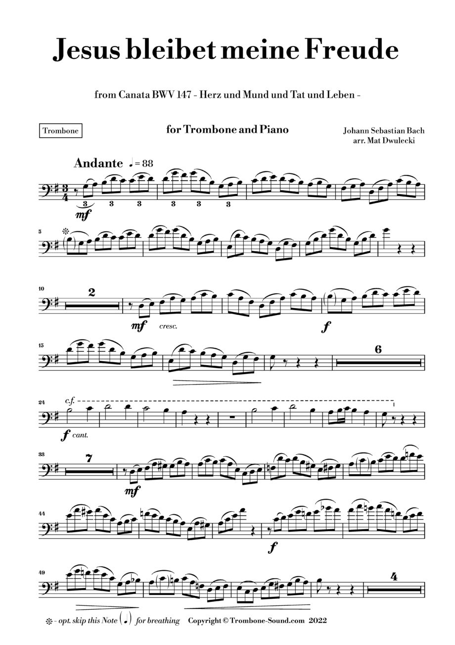 First page of the trombone part for Bach's Jesus bleibet meine Freude BWV 147, showing the initial musical notation.