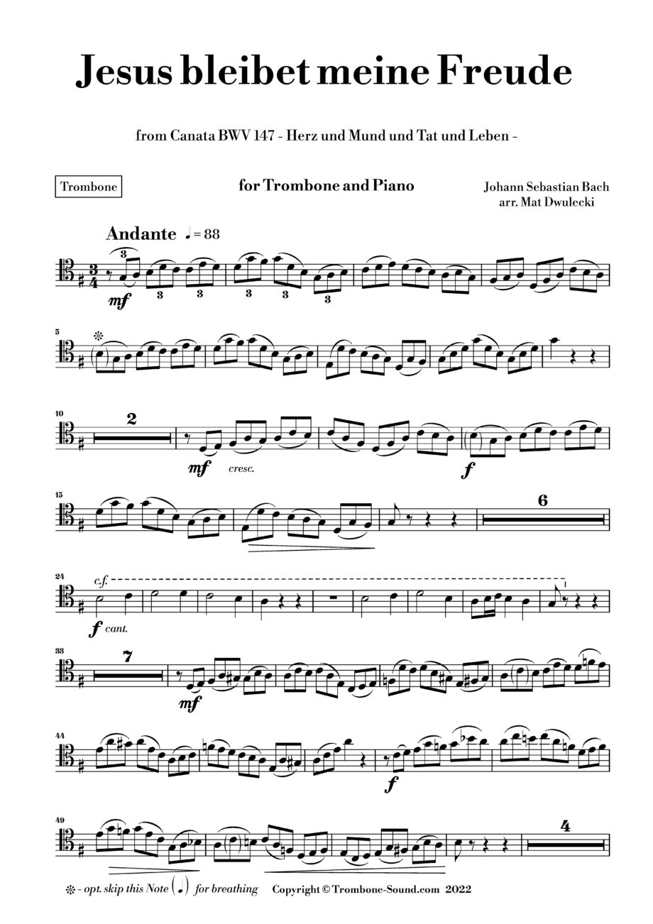 First page of the trombone part for Bach's Jesus bleibet meine Freude BWV 147, showing the initial musical notation.