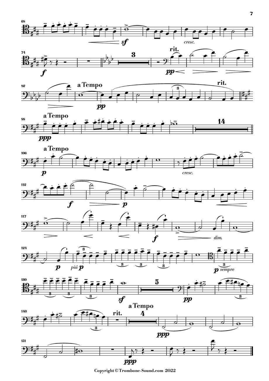 Last page of the trombone part for Debussy's Suite Bergamasque, showing continued musical notation.