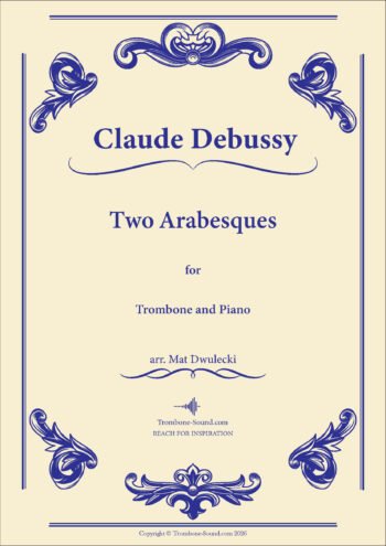 Cover image of Debussy's Two Arabesques (Deux Arabesques) sheet music for trombone and piano, featuring an artistic design.