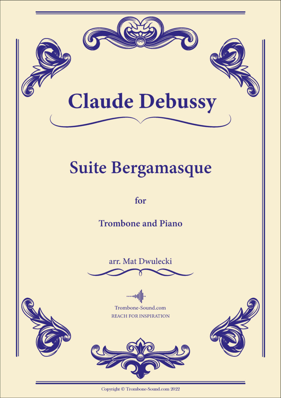 Cover image of Debussy's Suite Bergamasque sheet music for trombone and piano, featuring a sophisticated design.