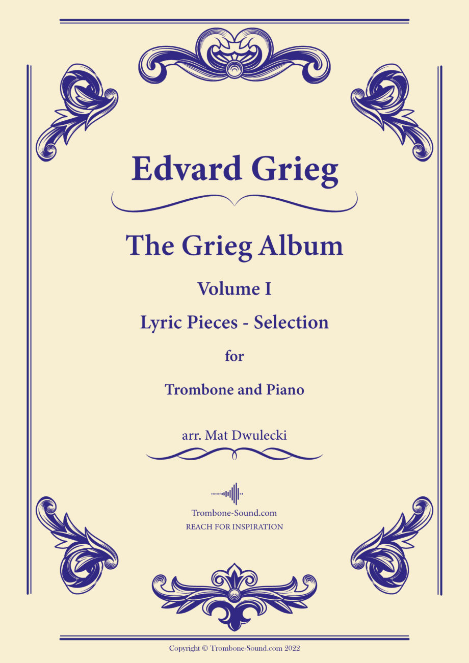 Cover image of The Grieg Album – Lyric Pieces – Volume 1 sheet music for trombone and piano, featuring scenic Norwegian imagery.