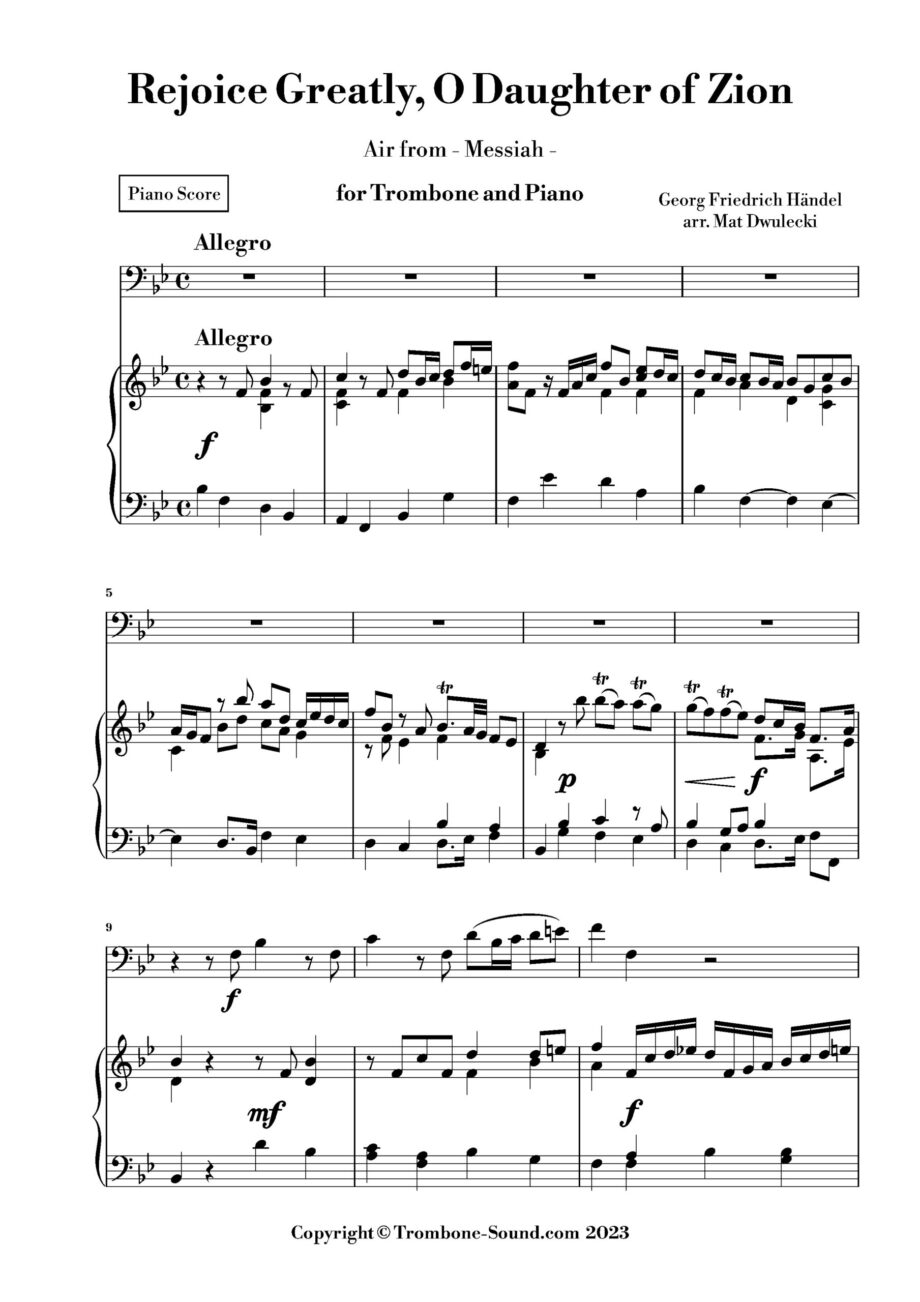 First page of the piano part for Handel's Rejoice Greatly, O Daughter of Zion, arranged for trombone and piano, showing the initial musical notation.