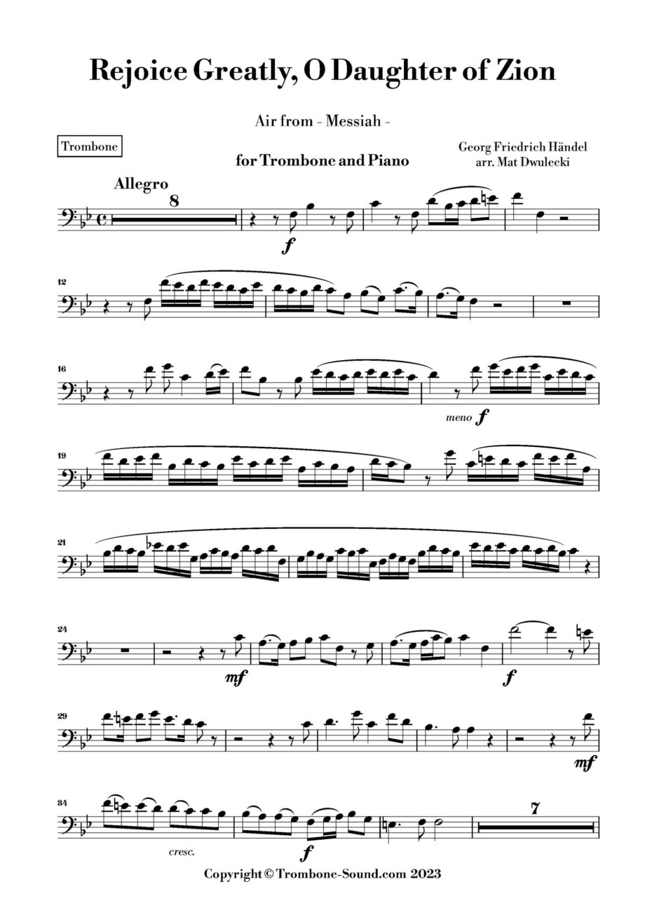 First page of the trombone part for Handel's Rejoice Greatly, O Daughter of Zion, showing the initial musical notation.