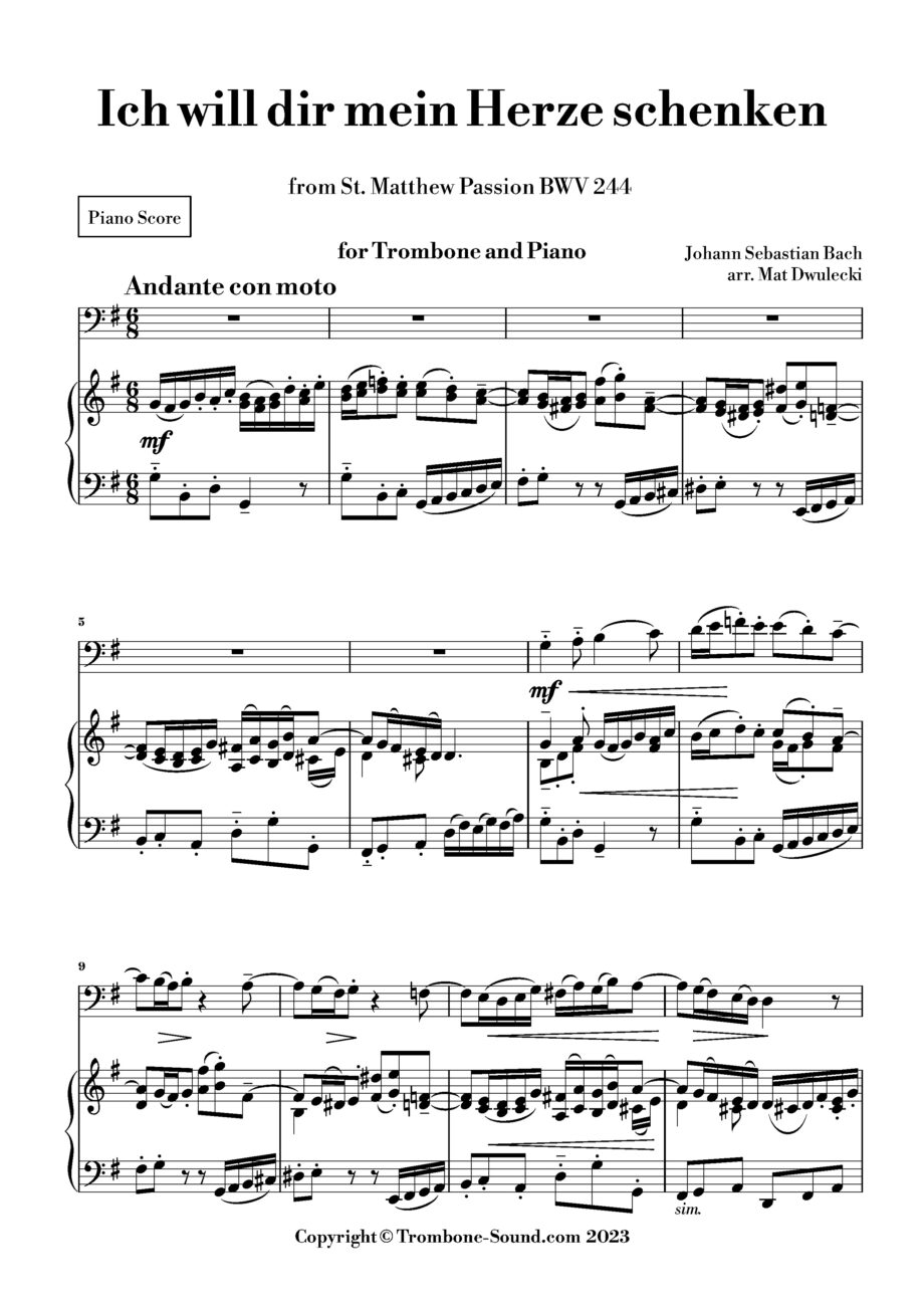 First page of the piano part for Bach's Ich will dir mein Herze schenken from St. Matthew Passion BWV 244, showing the initial musical notation.