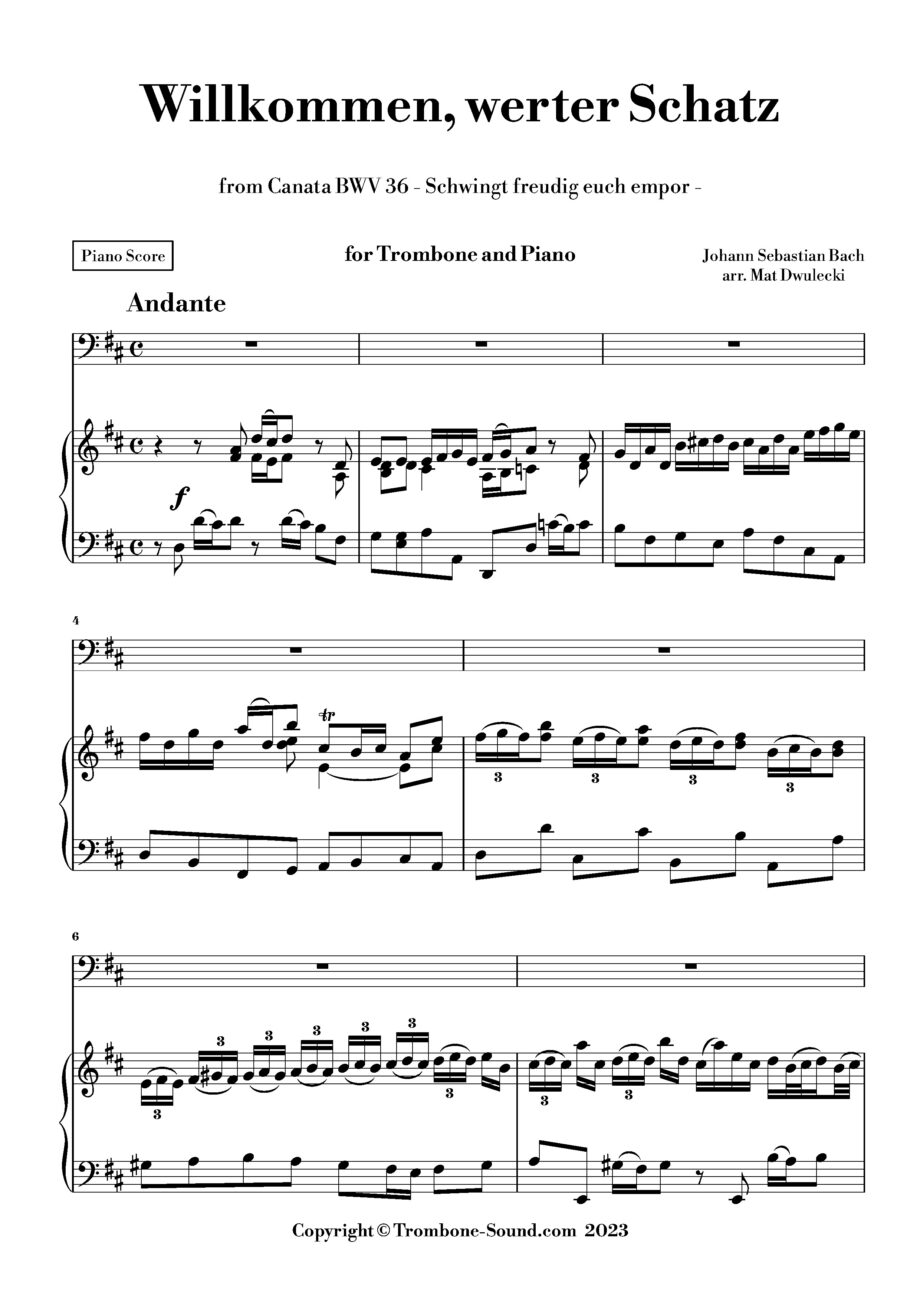 First page of the piano score for Bach's Willkommen, werter Schatz BWV 36, arranged for trombone and piano, showing the musical notation.