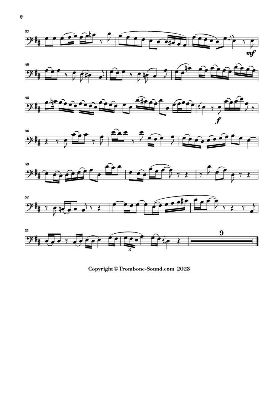 econd page of the trombone part for Bach's Willkommen, werter Schatz BWV 36, arranged for trombone and piano