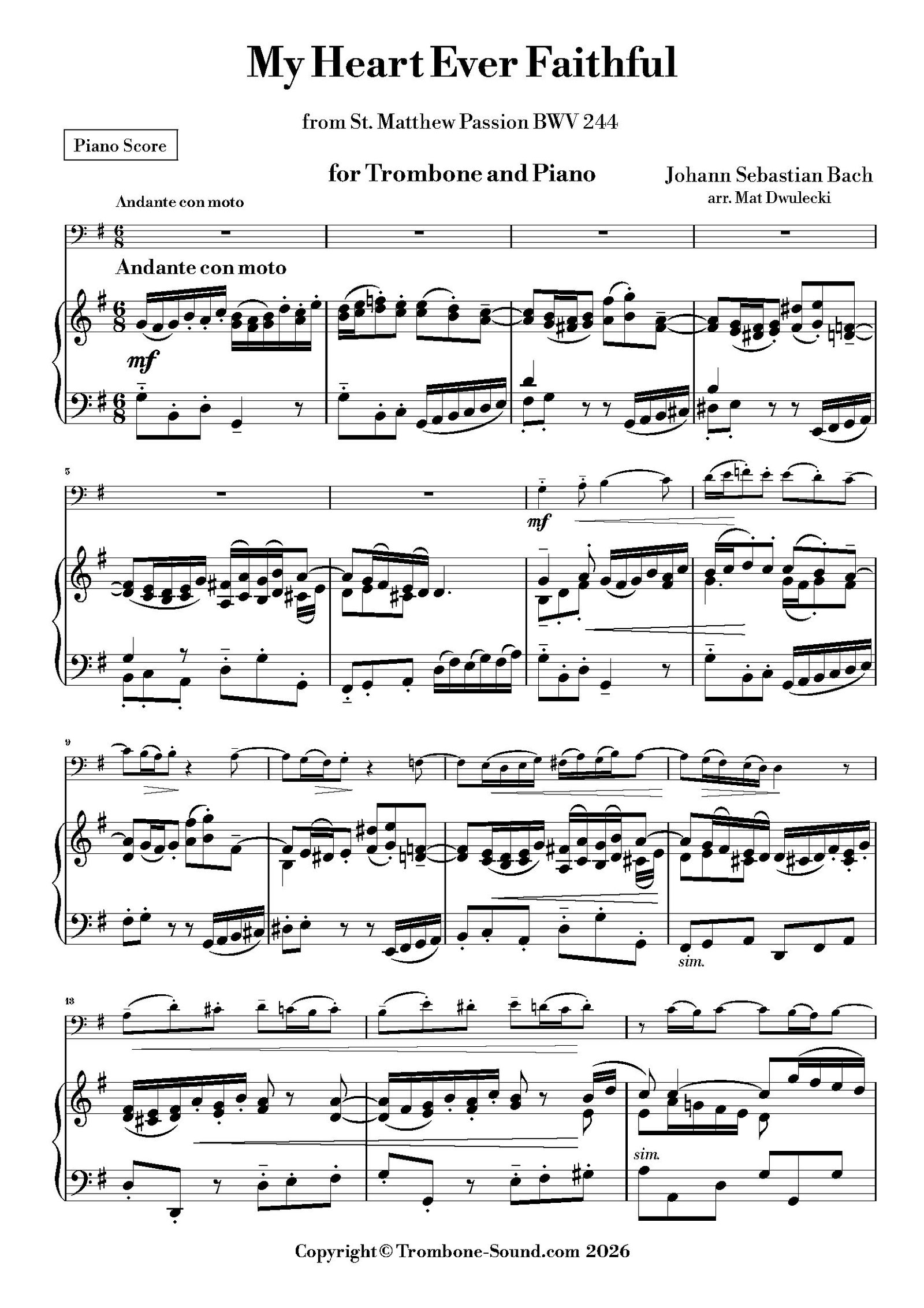 First page of the piano part for Bach's My Heart Ever Faithful (Ich will dir mein Herze schenken) from St. Matthew Passion BWV 244, showing the initial musical notation.