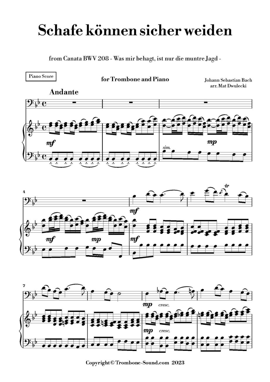 First page of the piano part for Bach's Schafe können sicher weiden BWV 208, arranged for trombone and piano.