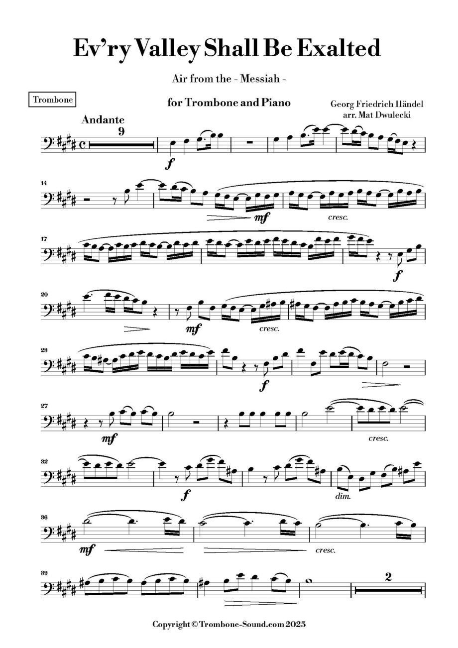 First page of the trombone part for Handel's Ev’ry Valley Shall Be Exalted, showing the initial musical notation.