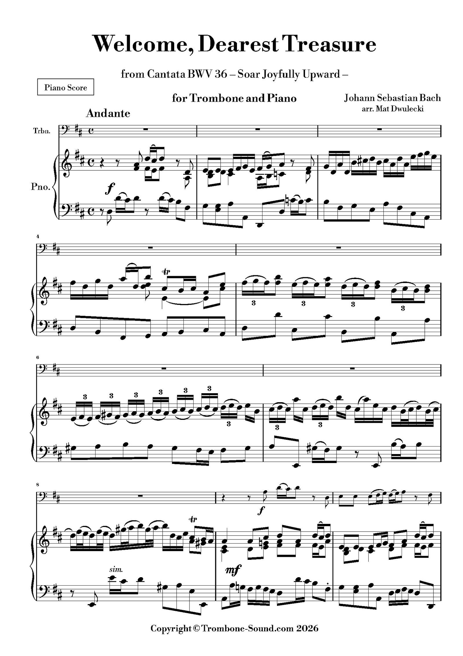 First page of the piano score for Bach's Welcome, Dearest Treasure (Willkommen, werter Schatz) BWV 36, arranged for trombone and piano, showing the musical notation.