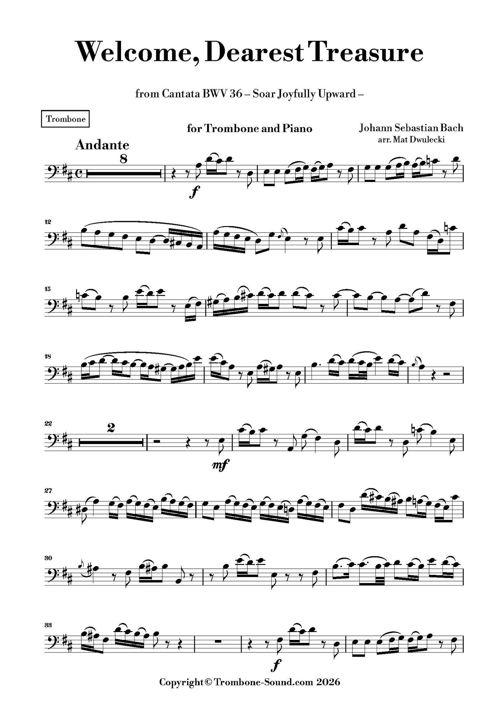 First page of the trombone part for Bach's Welcome, Dearest Treasure (Willkommen, werter Schatz) BWV 36 for trombone and piano.