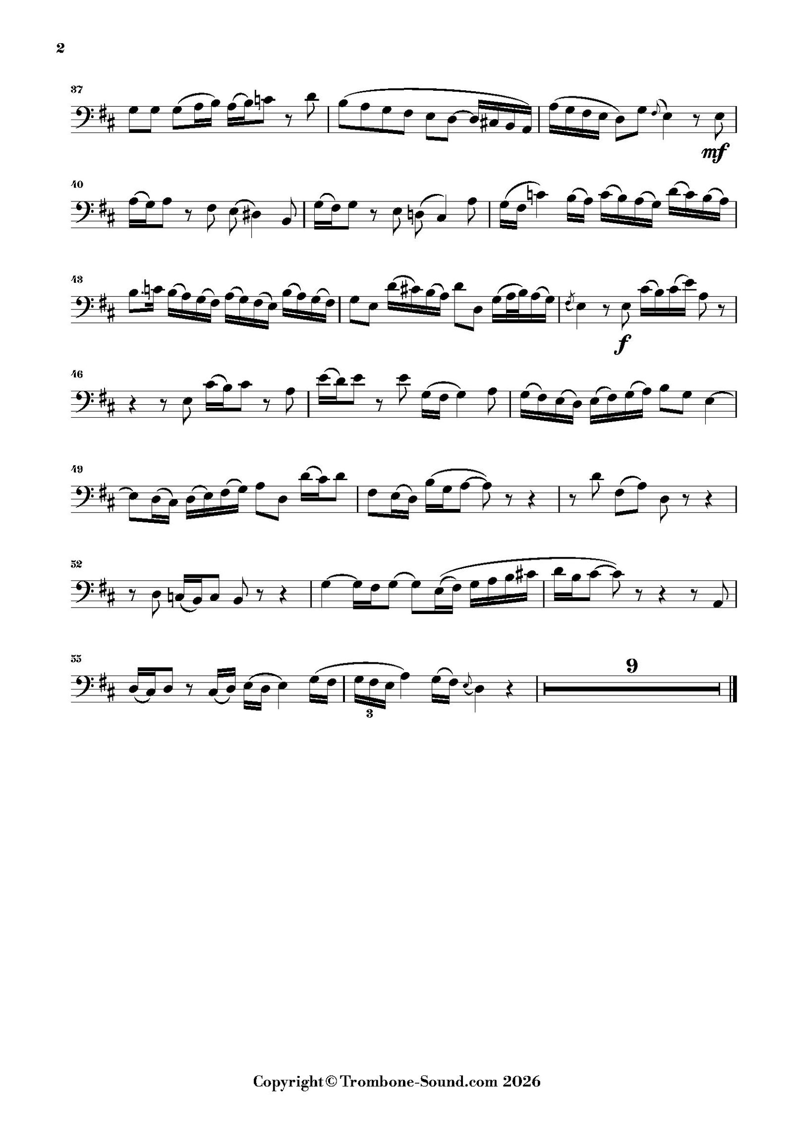 Second page of the trombone part for Bach's Welcome, Dearest Treasure (Willkommen, werter Schatz) BWV 36, arranged for trombone and piano