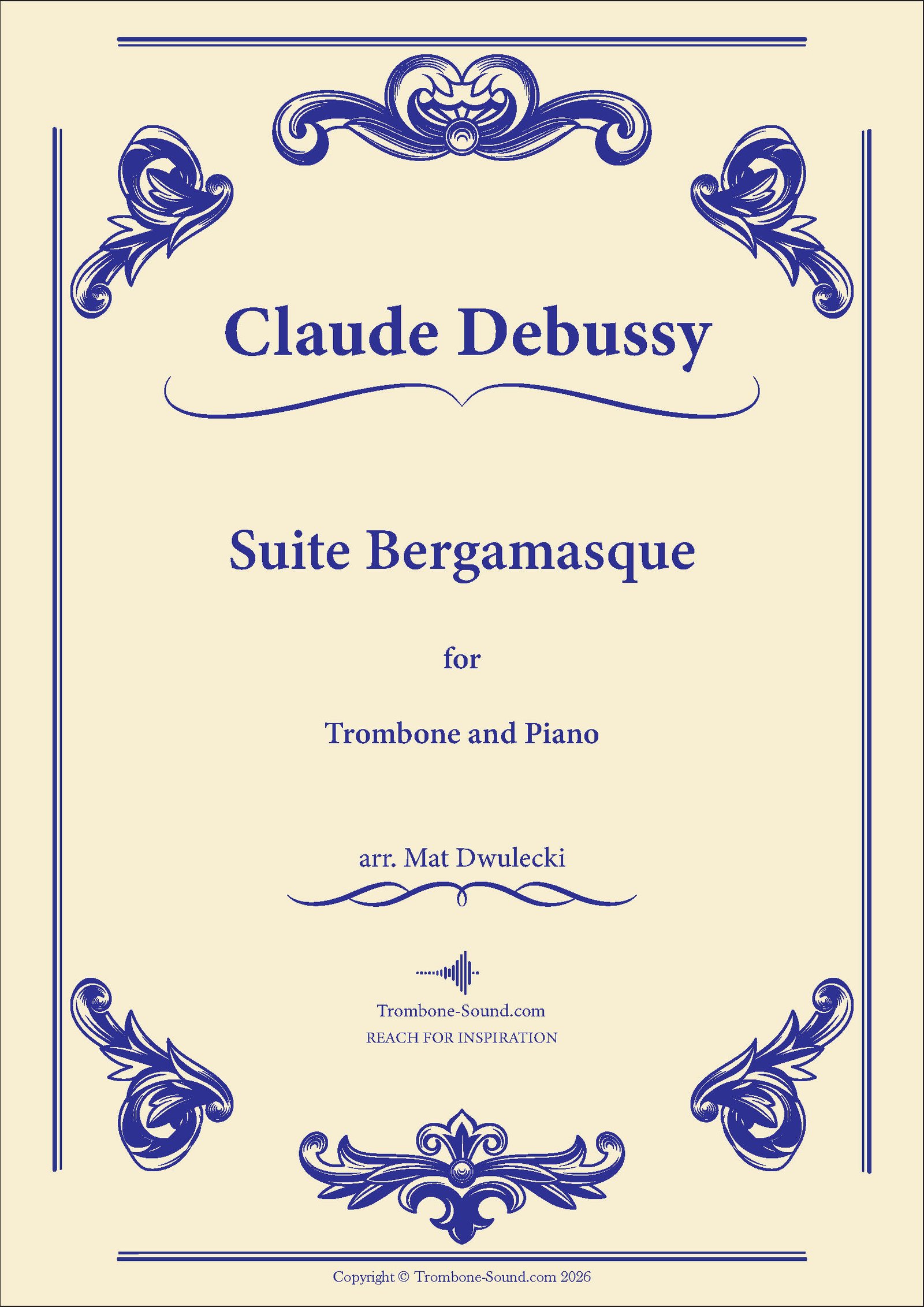 Cover image of Debussy's Suite Bergamasque sheet music for trombone and piano, featuring a sophisticated design.