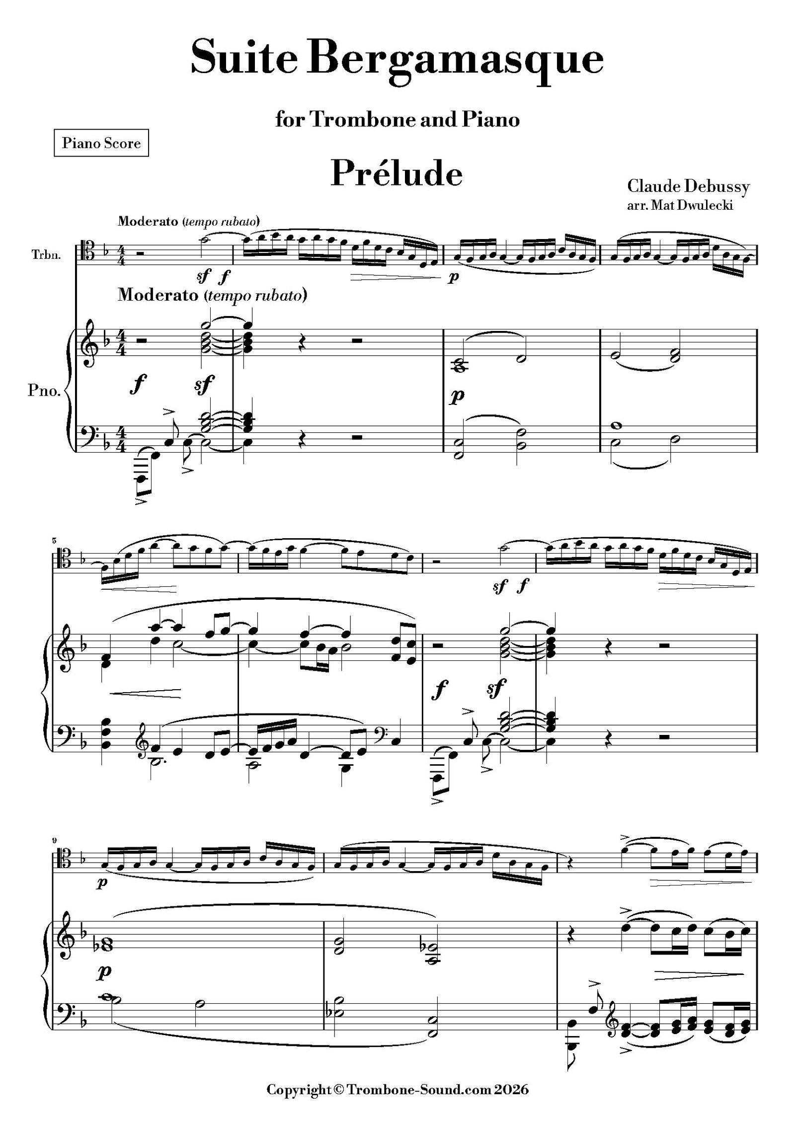 First page of the Prelude of the piano part for Debussy's Suite Bergamasque for Trombone and Piano, showing the initial musical notation.