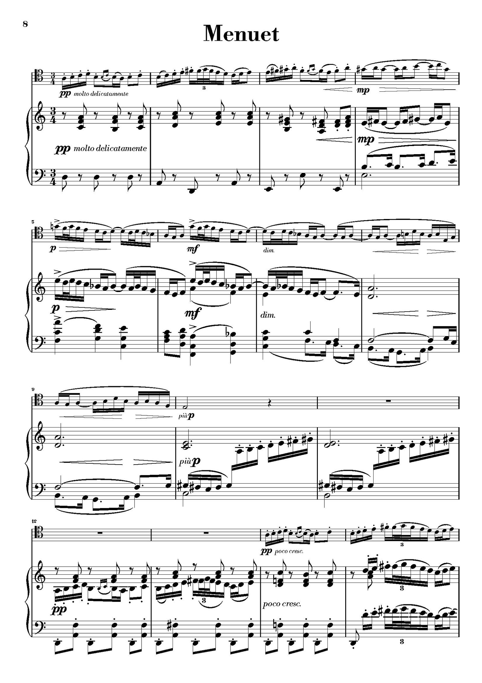 First page of the Menuet of the piano part for Debussy's Suite Bergamasque for Trombone and Piano, showing the initial musical notation.