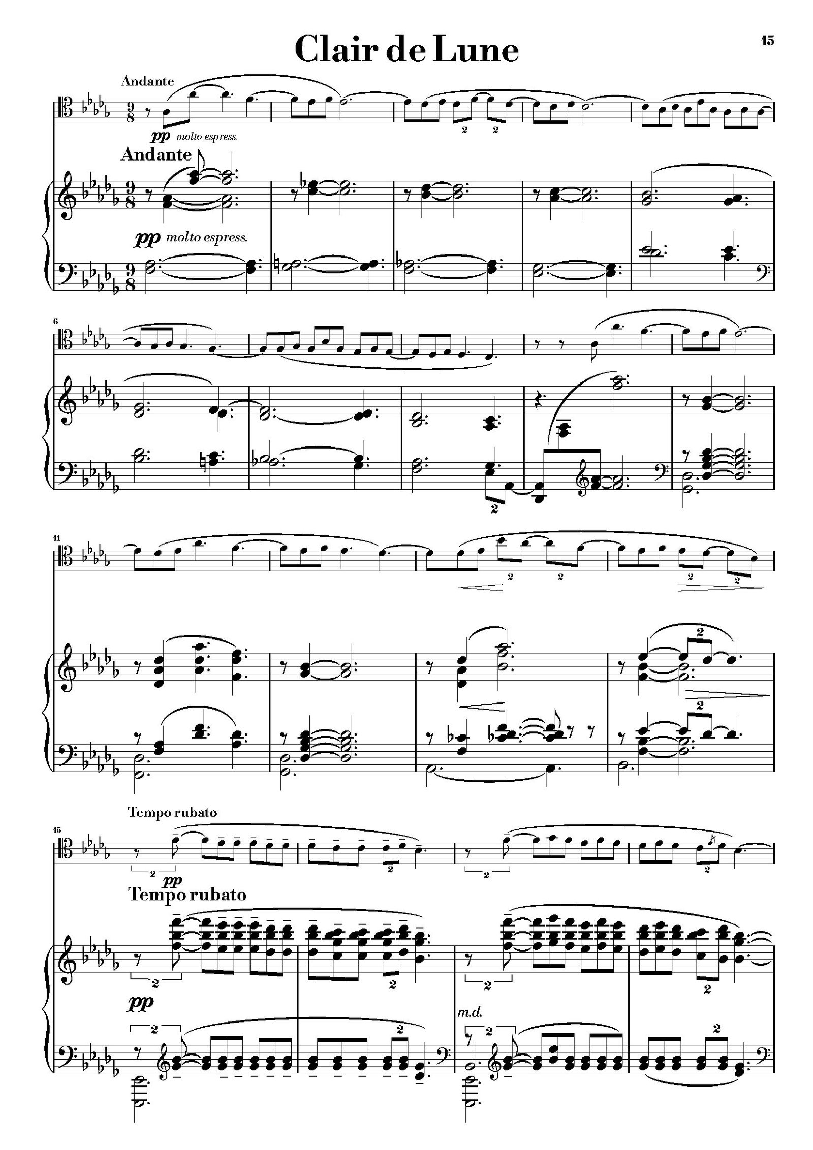 First page of the Claire de Lune of the piano part for Debussy's Suite Bergamasque for Trombone and Piano, showing the initial musical notation.