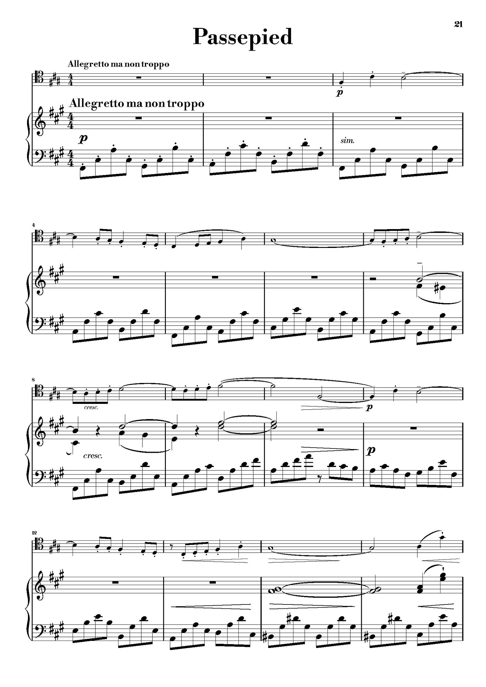 First page of the Passapied of the piano part for Debussy's Suite Bergamasque for Trombone and Piano, showing the initial musical notation.