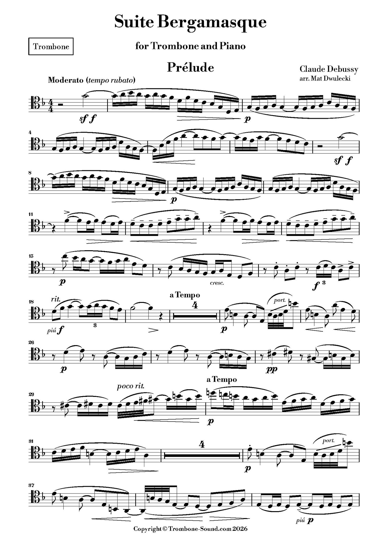 First page of the trombone part for Debussy's Suite Bergamasque for Trombone and Piano, showing the initial musical notation.