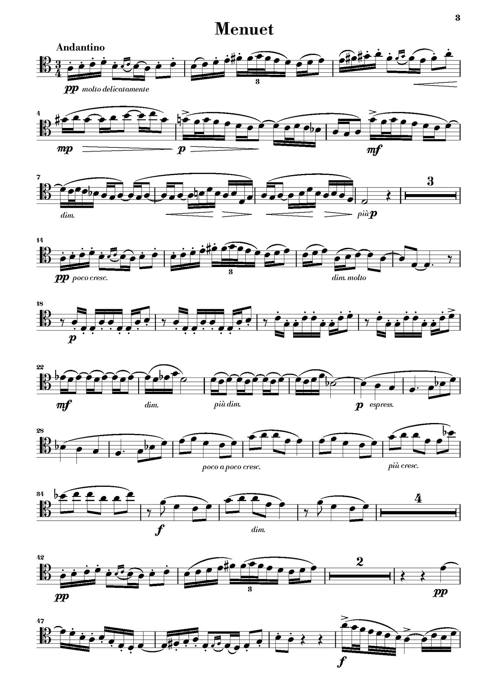Third page of the trombone part for Debussy's Suite Bergamasque for Trombone and Piano, showing the initial musical notation.