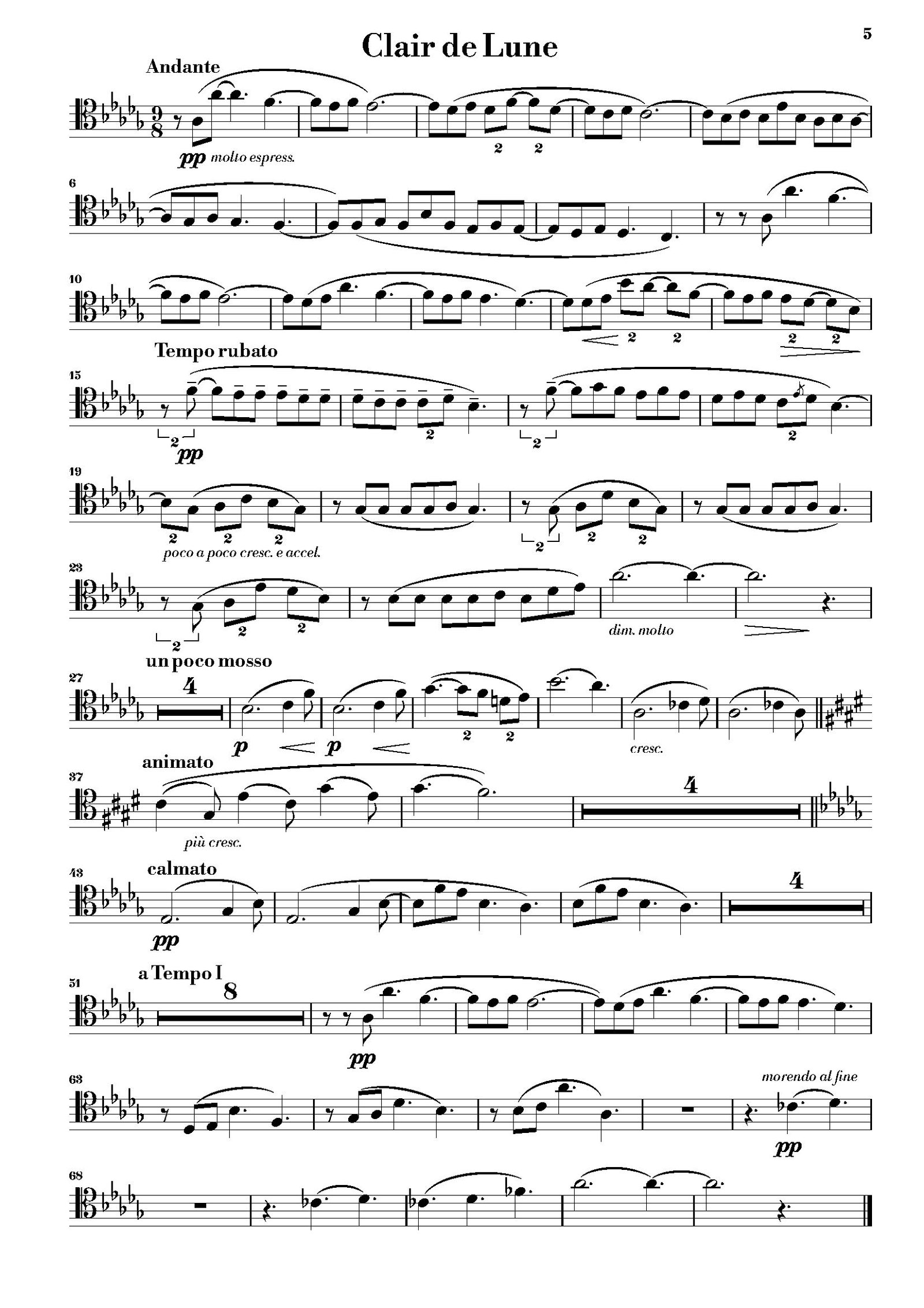 Fifth page of the trombone part for Debussy's Suite Bergamasque, showing the initial musical notation.