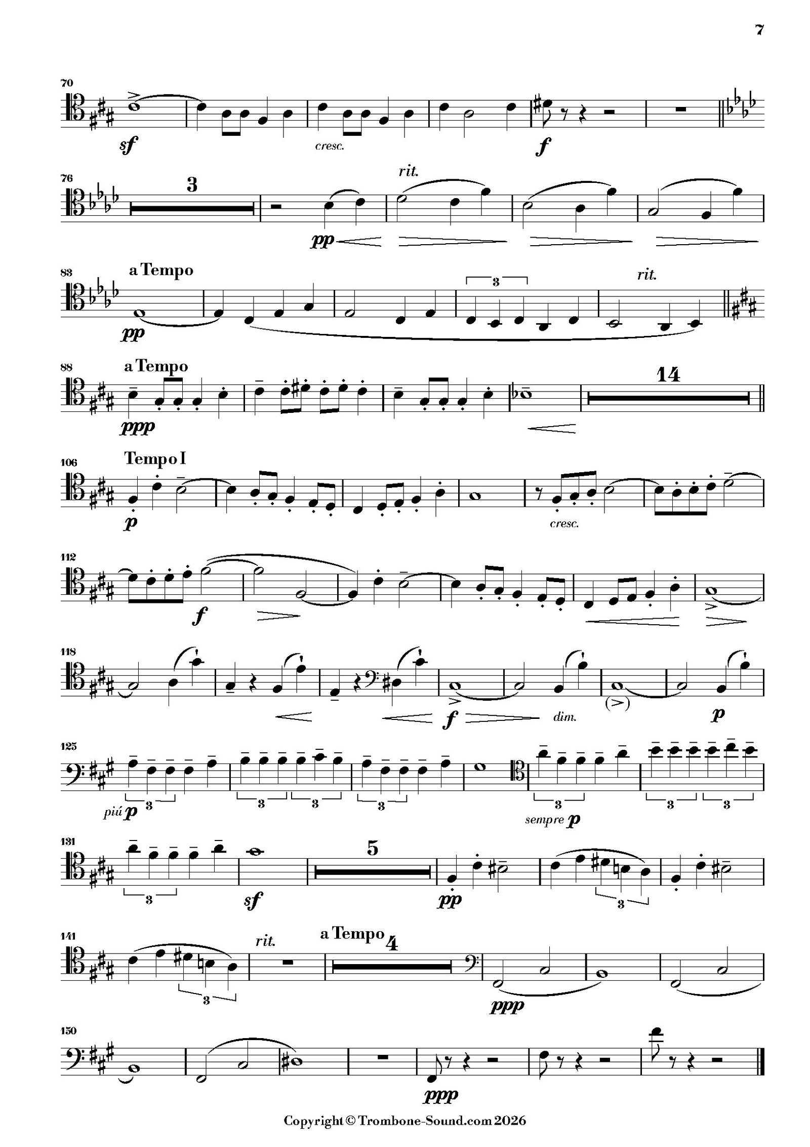 Seventh page of the trombone part for Debussy's Suite Bergamasque for Trombone and Piano, showing the initial musical notation.