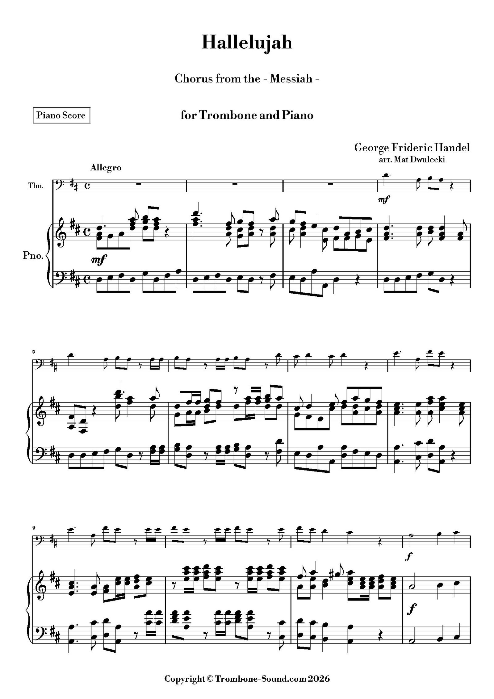 First page of the piano score of Handel’s Hallelujah Chorus from Messiah for trombone and piano