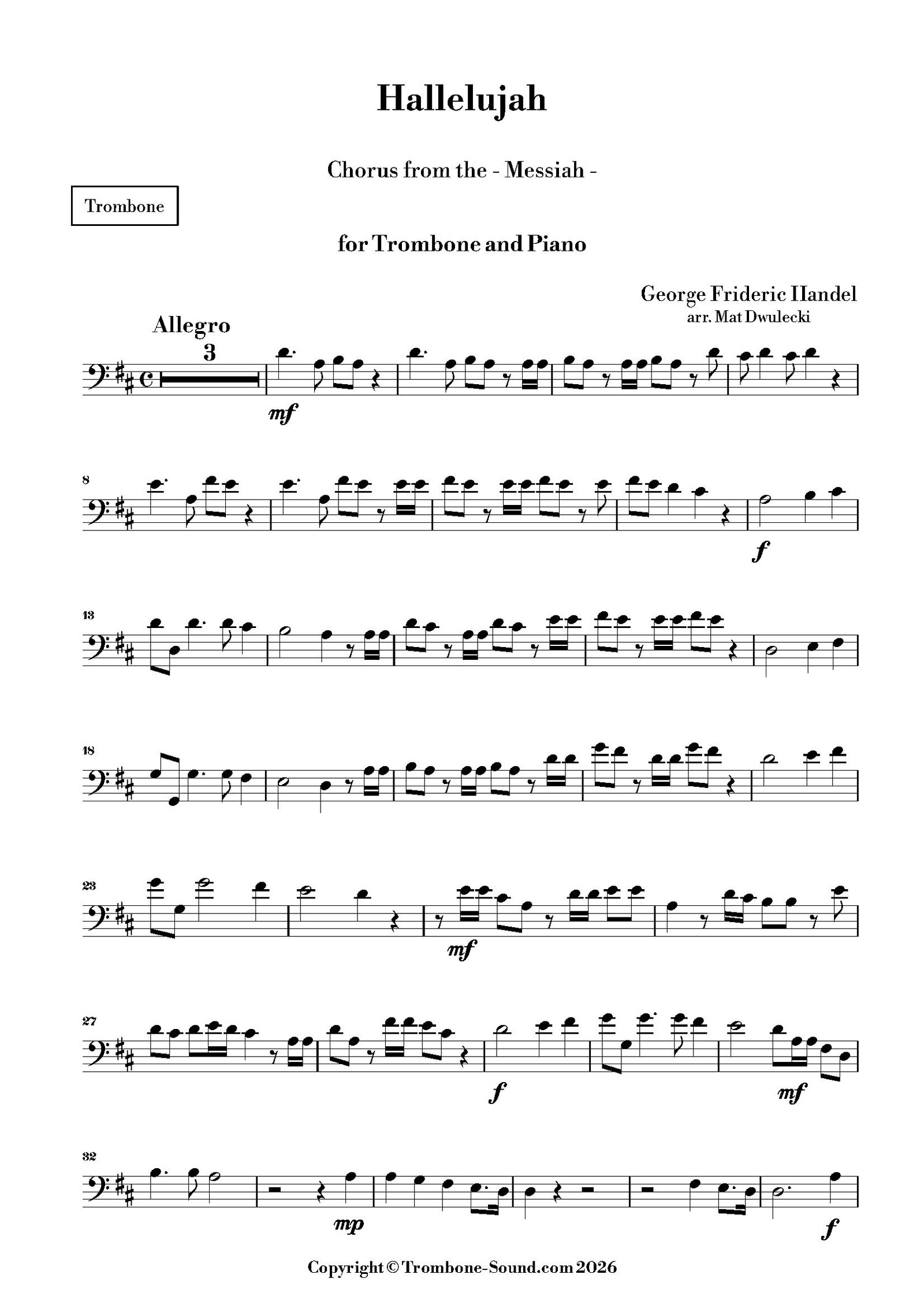 First page of the trombone part of Handel’s Hallelujah Chorus from Messiah for trombone and piano