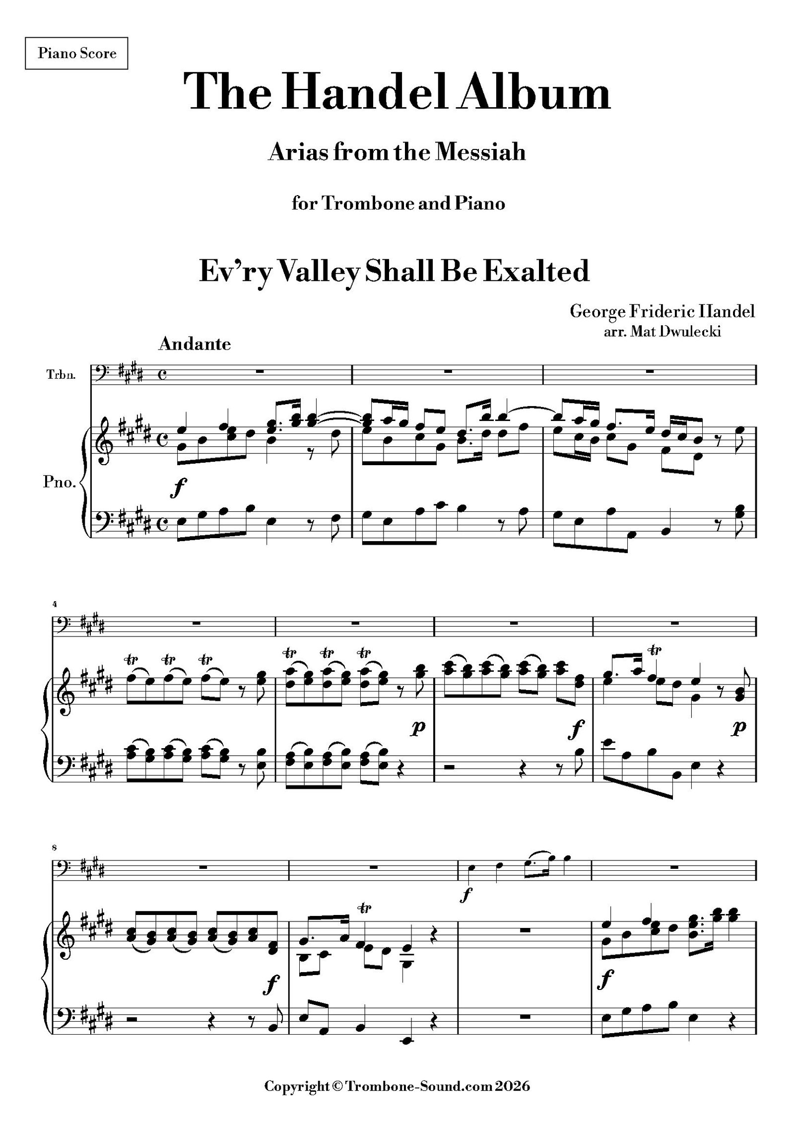 Handel Messiah Arias for Trombone and Piano – Piano Score page 1