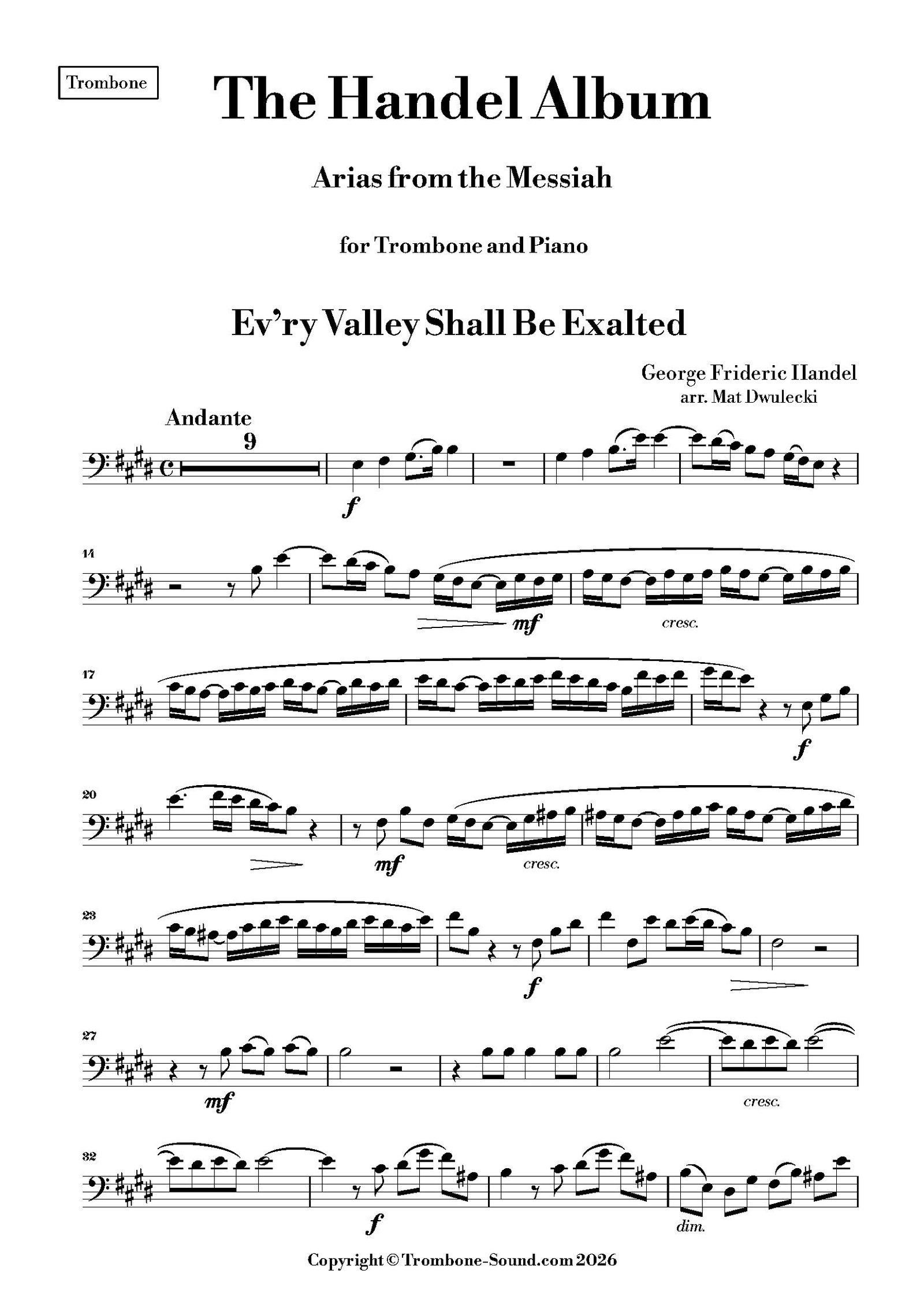 First page of the trombone part of Ev’ry Valley Shall Be Exalted from Handel – Messiah Arias for Trombone and Piano